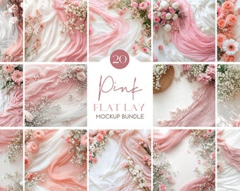 Pink Flat Lay Mock Ups, Desk Table Flat Lay Mockup, Stock Photo Backgrounds, Floral Backdrop Mockup Bundle, Flat Lay Photography Bundle