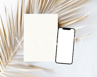 Card with Smartphone Mockup, Wedding Digital Invitation Card Mockup, Iphone and Card Mockup, 5x7 Card Phone Mockup, Iphone Screen Mockup
