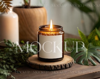 Amber Candle Mockup, Greenery Lumient Candle Mockup, Glass Candle Mockup, Jar Candle Mockup, Soy Candle Label Mockup, Simple Candle Mockup