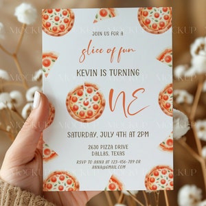 May include: A white invitation card with a pizza theme. The card has a watercolor illustration of pizza slices and the text "Join us for a slice of fun. Kevin is turning one. Saturday, July 4th at 2pm. 2630 Pizza Drive, Dallas, Texas. RSVP to Anna at 123-456-789 or anna@gmail.com."