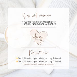 May include: A white card with the text "You will receive:" followed by a list of digital files. The card also includes the text "Fairy" in a pink heart shape and a promotion for a discount on purchases of 2 or 5 items. The text "Discount instantly applied at checkout" is also included.