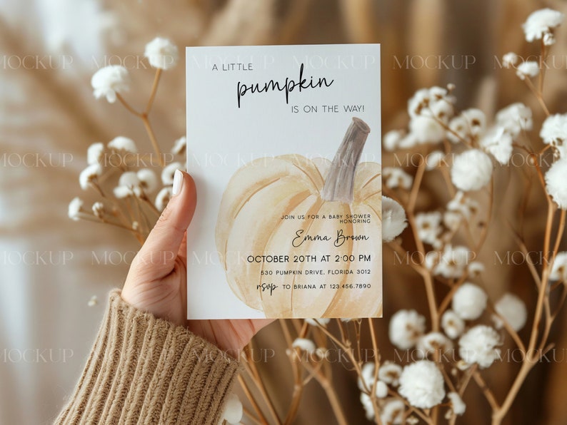 May include: A white card with a watercolor illustration of a pumpkin and the text "A little pumpkin is on the way!"  Join us for a baby shower honoring Emma Brown, October 20th at 2:00 PM, 530 Pumpkin Drive, Florida 3012, RSVP to Briana at 123.456.7890.