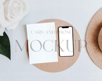 Invite Card Mockup with Phone, Card and Cellphone Mockup, Bridal Shower 5x7 Card Mockup, Wedding Evite Mockup, Smartphone Invite Mockup