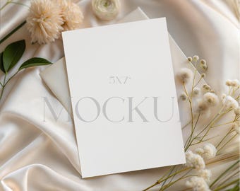 Puede incluir: Una tarjeta en blanco de 5x7 pulgadas y un sobre descansan sobre una tela de satén color crema, rodeados de delicadas flores y vegetación. La tarjeta está centrada, con el texto "MOCKUP" visible.