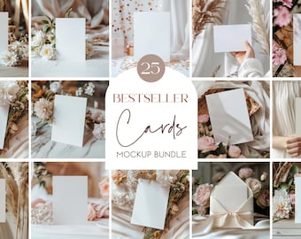 May include: A mockup bundle of 25 blank cards in various settings with dried flowers and neutral colors. The text "BESTSELLER Cards MOCKUP BUNDLE" is displayed in the center of the image.