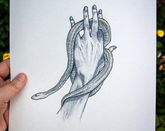 May include: A hand with a snake wrapped around it. The snake is grey with a yellow stripe down its back. The hand is drawn in pencil and the snake is drawn in pencil and colored with yellow marker.