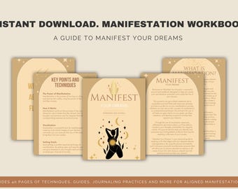 Op de afbeelding: Een digitaal manifestatie-werkboek met beige pagina's, boogvormige kaders, hemelse afbeeldingen en een centrale figuurillustratie. De tekst bevat "MANIFEST YOUR DREAMS" en "KEY POINTS AND TECHNIQUES" in een donkerbruin lettertype.