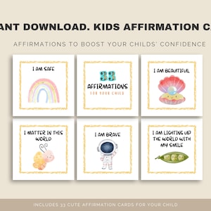 May include: A set of six square affirmation cards with gold borders. The cards feature illustrations of a rainbow, a pearl in a shell, a butterfly, an astronaut, and peas in a pod, with text including I AM SAFE, I AM BEAUTIFUL, I MATTER IN THIS WORLD, I AM BRAVE, and I AM LIGHTING UP THE WORLD WITH MY SMILE.