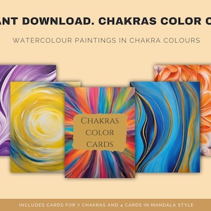 Tarjeta de colores de los chakras Hermosas tarjetas de terapia del color Tarjetas de chakras coloridas para adultos y niños Impresiones de pintura de mandalas Imágenes de curación del color