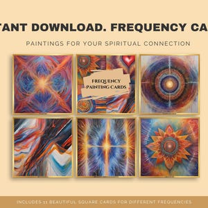 Tarjetas de frecuencia digitales para imprimir, pinturas de frecuencia, vibraciones positivas, tarjetas cuadradas de acuarela, trabajo de energía curativa, espiritualidad