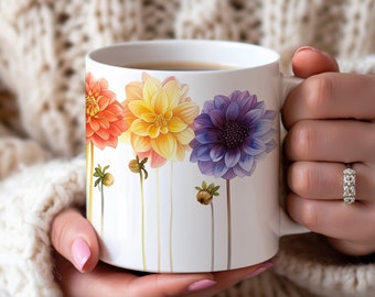 Dahlia Flower Mug, Pressed Flowers, Boho Dahlia Cottagecore Coffee Mug, Vintage Botanical Tea Cup, Floral Nature Mug, Garden Lover Gift