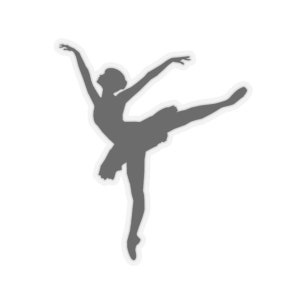May include: A gray silhouette of a ballerina in a tutu, with her leg extended in a graceful pose.