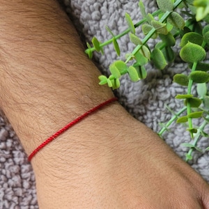 May include: A close-up of a red string bracelet on a wrist. The bracelet is a thin, simple cord. The skin tone is light with visible hair. Green leafy sprigs are in the background.