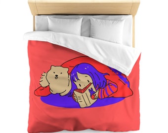 A Cute Girl and Her Dog Reading a Book Microfiber Duvet Cover