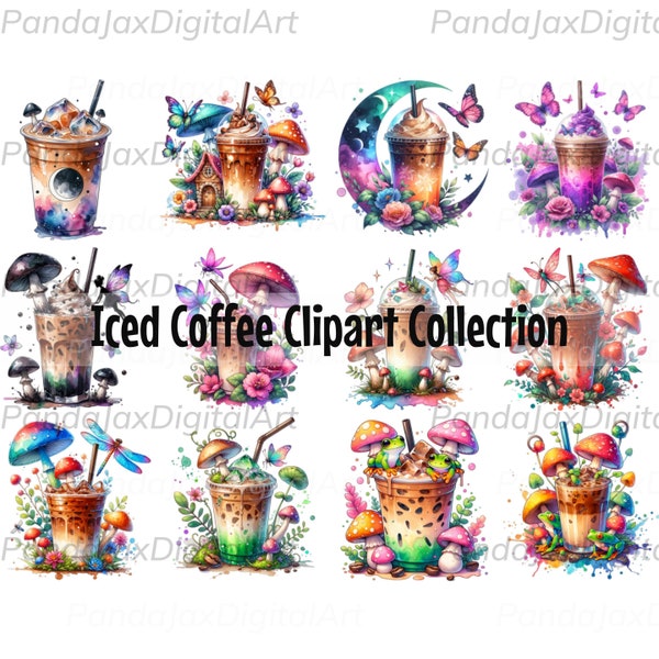 Iced Coffee Mushroom Clipart Bundle Set, Cute Iced Coffee PNG Design, Watercolor Fairy Garden Clipart, PNG Instant Download For Sublimation