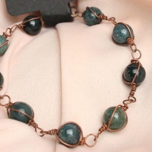 Handmade Moss Agate Copper Wire Wrapped Bracelet: Healing Gemstone Jewelry