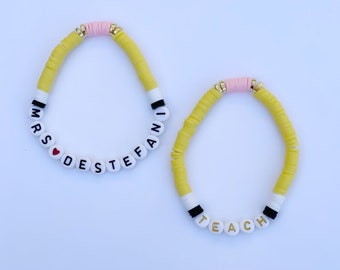 Personalized Teacher Pencil Bracelet-  Heishi Stretch Bracelets With Your Choice of Lettering- Teacher Appreciation Gift