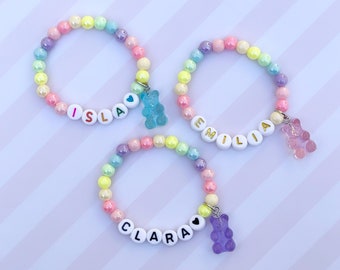 Kids Personalized Gummy Bear Charm Bracelet with Pastel Iridescent Rainbow Beads