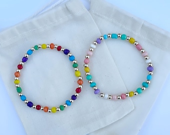 Rainbow or Pastel Seed Bead and Gold Filled or Sterling Silver Stretch Bracelet