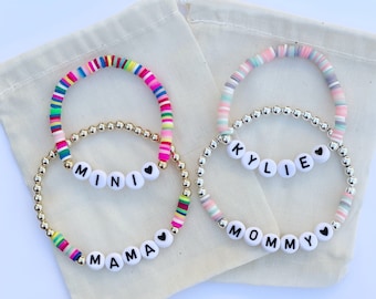 Mama & Mini Personalized Bracelet Set- Stretch with Heishi Beads and Your choice of Lettering in Gold Filled/Sterling Silver