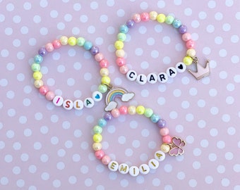 Kids Personalized Charm Bracelet with Pastel Iridescent Rainbow Beads