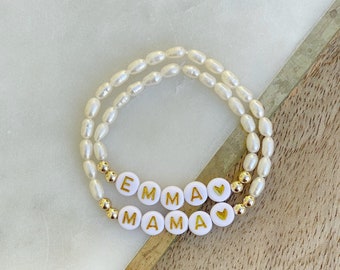 Mama & Mini Personalized Bracelet Set- Simple and Classic Pearl Bracelet Set with Gold Filled accents-Gift for Daughter, Mama, Grandma, Aunt