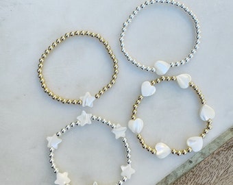 Mother of Pearl Star or Heart Bracelet in Gold Filled or Sterling Silver- Layering Bracelet, Accent Bracelet, Dainty Bracelet