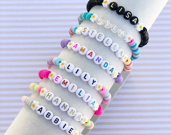 Personalized Daisy Heishi Bead Stretch Bracelet in Your Choice of Lettering and Heishi Beads- Cute/Dainty/Trendy Flower Bracelet