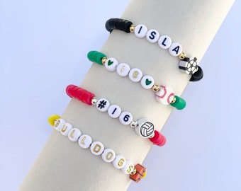 Sports Team/Soccer/Basketball/Volleyball/Baseball/Softball Charm Personalized Heishi Bracelets-in your choice of Bead Colors and Lettering!