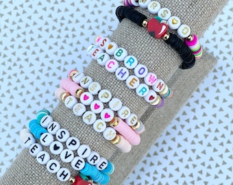 Personalized Teacher Bracelet Set- Heishi Stretch Bracelets With Your Choice of Bead colors and Lettering- Teacher Appreciation Gift