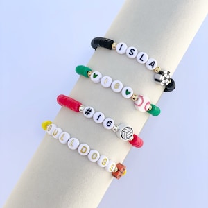 Sports Team/Soccer/Basketball/Volleyball/Baseball/Softball Charm Personalized Heishi Bracelets-in your choice of Bead Colors and Lettering!