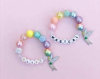 Disney Inspired Personalized Charm Bracelet- Pastel Rainbow Beads with Tinkerbell Charm
