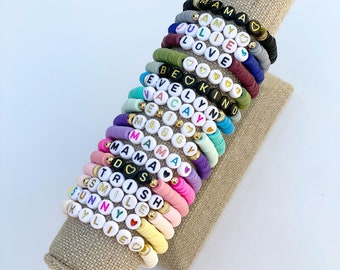 Personalized Heishi Stretch Bracelet With Your Choice of Solid Color Heishi Beads & Lettering