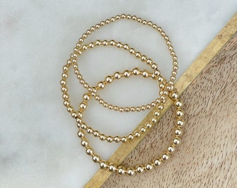 Gold Filled 3mm, 4mm, or 5mm Stretch Beaded Bracelet- Gold Filled Layering Bracelets, Gold Accent Bracelet, Gold Layering Bracelet
