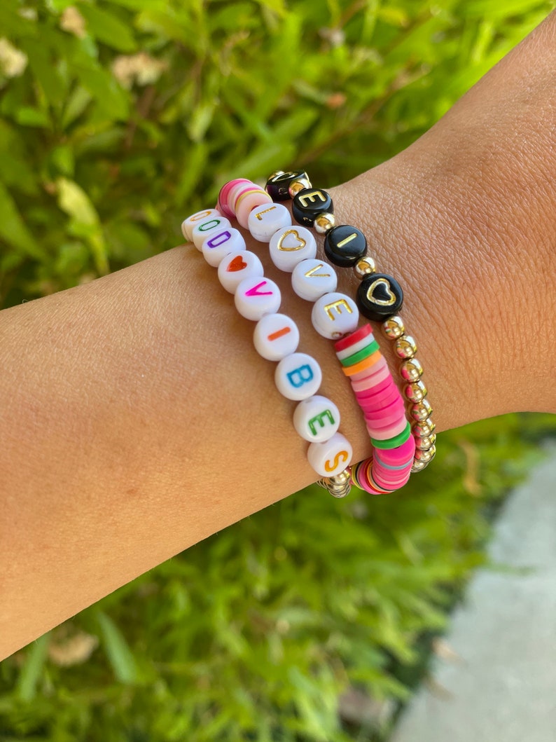 Personalized Heishi Stretch Bracelet in Your Choice of Beautiful Patterned Colors & Lettering image 2
