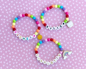 Kids Personalized Charm Bracelet with Bright Rainbow Beads