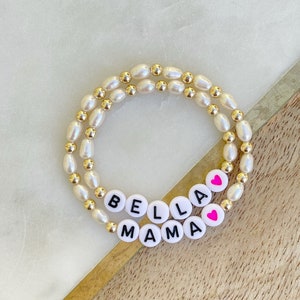 Mama & Mini Personalized Bracelet Set- Simple and Classic Pearl Bracelet Set with Pearls and Gold Filled Beads-Gift for Daughter, Mama