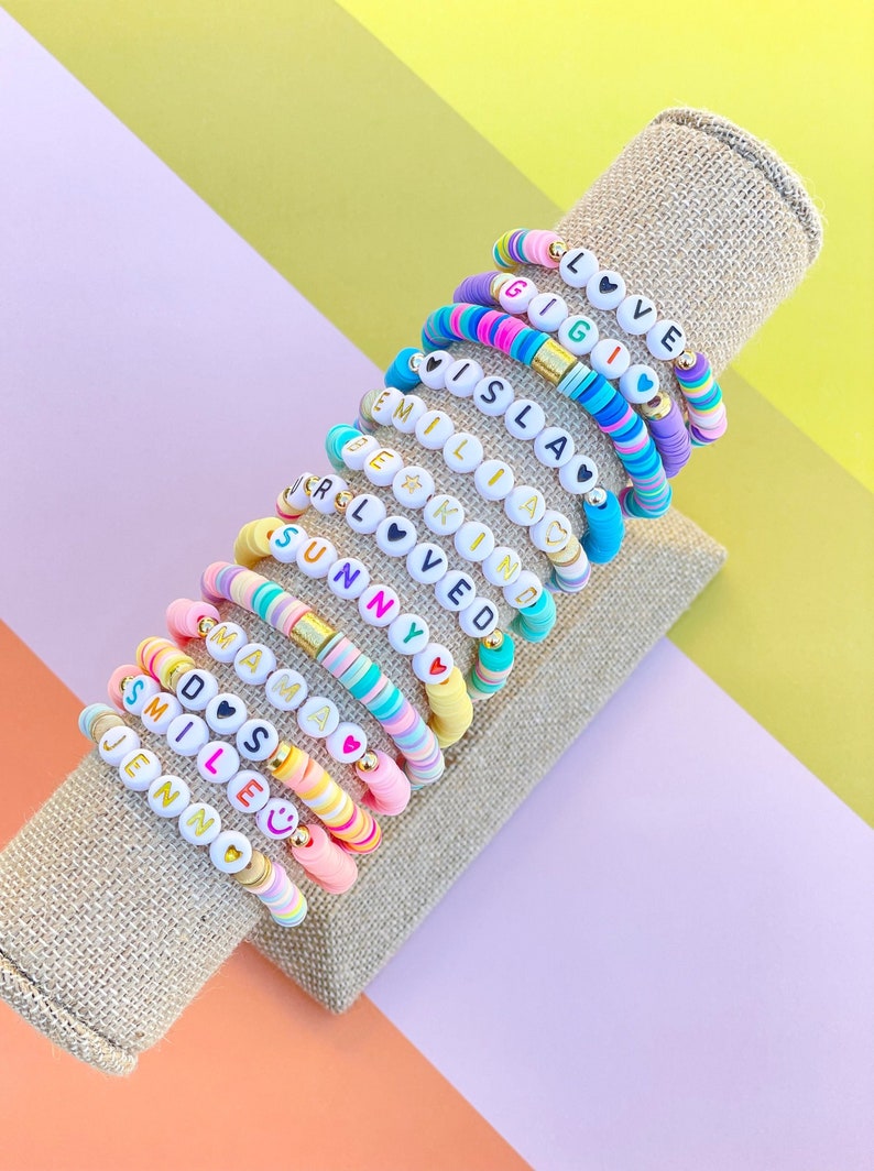 Bright Color Personalized Name/Word Heishi Stretch Bracelets Your Choice of Heishi beads and Lettering afbeelding 1