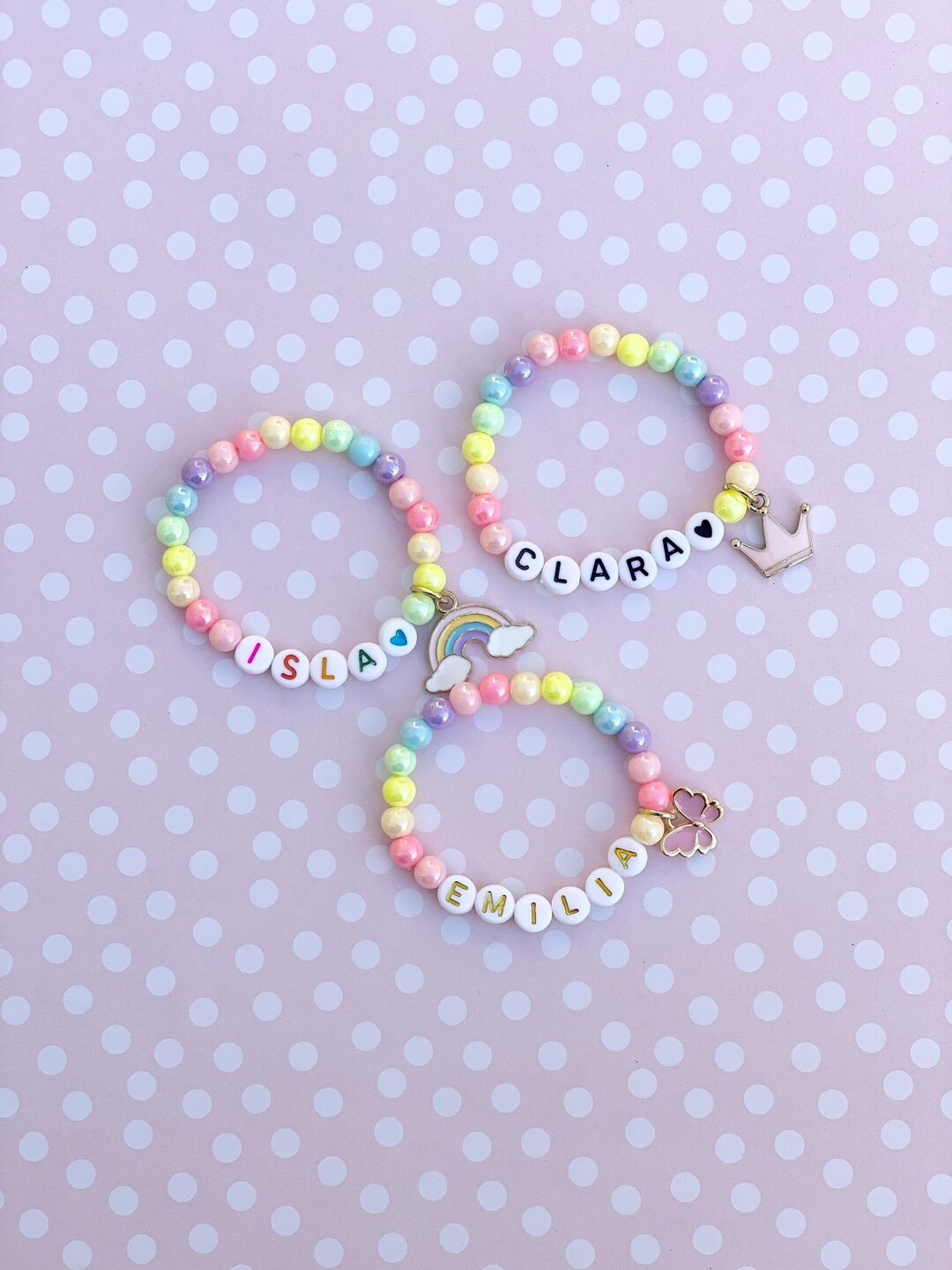 Kids Personalized Charm Bracelet With Pastel Iridescent Rainbow Beads ...