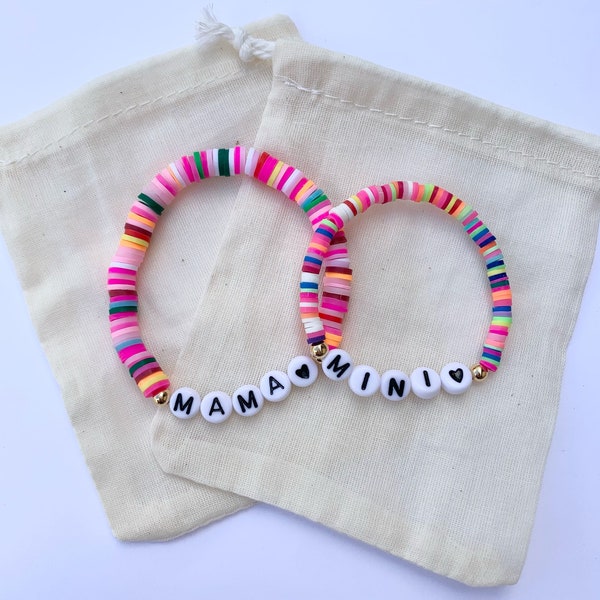 Mama & Mini Personalized Bracelet Set- Stretch with Heishi Beads and Your choice of Lettering- Back to School/Gift for Daughter, Mama, etc