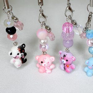 Cute Spooky Stitched Teddy Bear Phone Charm,  Kawaii Pastel Zombie Bear Beaded Halloween Kindle Strap,  Anime Patchwork Bear Pendant