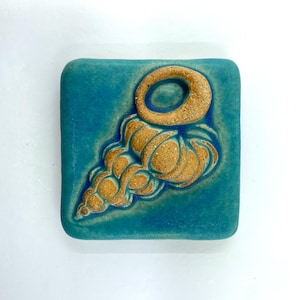 May include: A square ceramic tile featuring a raised, textured relief of a spiral seashell in a natural tan color. The background of the tile is a vibrant, glossy turquoise blue glaze that contrasts with the matte, sandy-toned shell design.