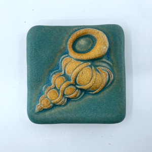 May include: A square ceramic tile with a teal background and a raised, textured design of a seashell in shades of tan and gold. The seashell design has a spiral shape and is centered on the tile.
