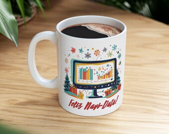 Feliz Navi-Data Ceramic Mug, idealny na prezenty świąteczne do biura, geekowy kubek do kawy, prezent dla entuzjastów technologii, kubek o tematyce bożonarodzeniowej, miłośnicy nauki