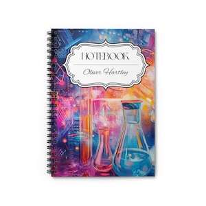 May include: A colourful notebook cover with a science theme. The cover features a variety of beakers and test tubes filled with colourful liquids. The text "NOTEBOOK" and "Oliver Hartley" is printed on the cover.