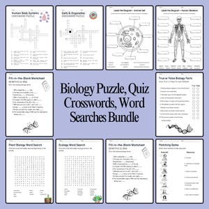 Op de afbeelding: Een verzameling educatieve werkbladen over biologie, waaronder kruiswoordpuzzels, invuloefeningen en woordzoekers. De bundel bevat diagrammen van cellen, menselijke skeletten en genetica-onderwerpen. De titel "Biology Puzzle, Quiz Crosswords, Word Searches Bundle" wordt weergegeven.