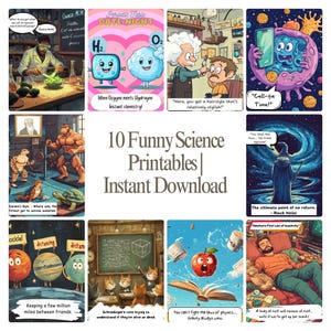 Könnte beinhalten: Eine Sammlung von 10 lustigen, druckbaren Bildern zum Thema Wissenschaft. Die Illustrationen zeigen Cartoon-Charaktere und witzige Bildunterschriften zu Chemie, Physik und Biologie. Der Text enthält "Guaca-Mole", "Date Night", "Cell-fie Time!" und "Instant Download".