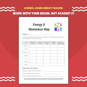 Pode incluir: Um mapa de energia e impulso em preto e branco com o texto "Energy & Momentum Map" e "Science-Based Energy Tracker". O mapa inclui seções para rastrear energia de pico, baixa energia e o melhor tipo de tarefa.