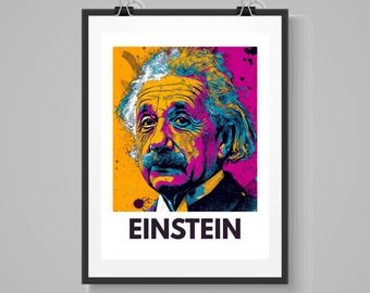 May include: A framed pop art style print featuring a portrait of Albert Einstein. The artwork uses vibrant colors, including yellow, pink, blue, and black, to depict Einstein's face and hair. The word "EINSTEIN" is printed in bold, black letters at the bottom.