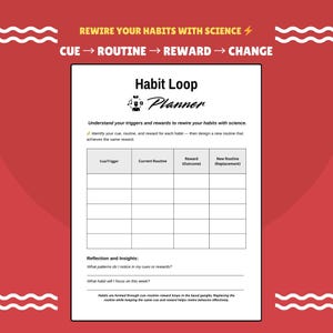 Puede incluir: Un planificador de bucle de hábitos blanco con un borde rojo y el texto «Rewire Your Habits With Science». El planificador incluye secciones para la señal, la rutina, la recompensa y la nueva rutina, con espacio para la reflexión y las ideas.